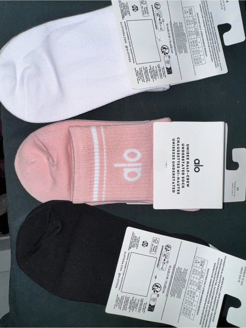 Alo Yoga Unisex Half Crew Socks 3 Pair Bundle White Pink Black Size M